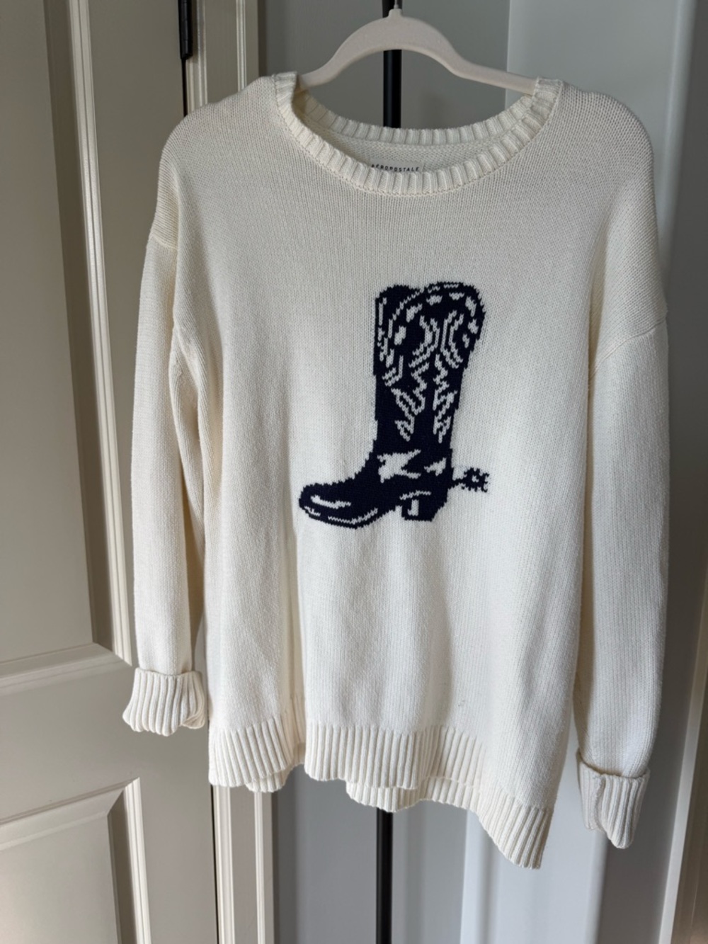 Aeropostale Cream Crewneck Sweater with Navy Boot Graphic